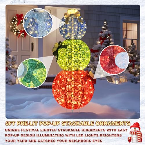 Yardenaler PG0403-20 5Ft Lighted Pop-Up Stackable Ornaments For Decoration, 3D Pre-Lit Decor With 210 Led Lights For Christmas, Freestanding Glittered Holiday Display With Easy Pop-Up Design For Outdoor thumb #6