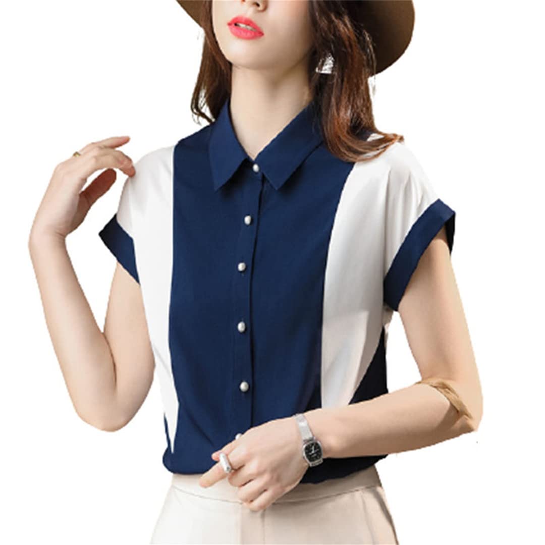Camisa de Retazos de Manga Corta para Mujer, Blusas de chifón Formales Finas de Verano para Mujer, Tops de Trabajo de Oficina para Mujer