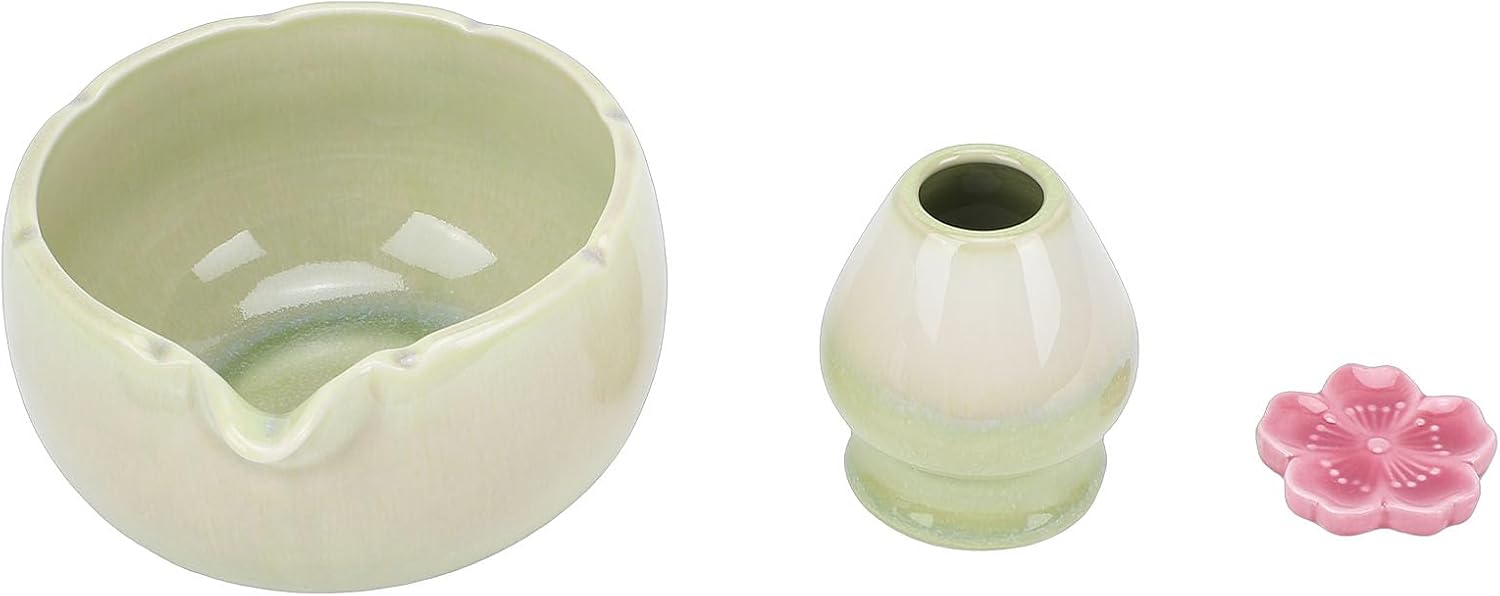 Matcha Tea Set Ceramic Petal Shape Perfect Matcha Bowl Set 500ml Smooth Whisk for Authentic Ceremony Ideal Lover Gift (Green)