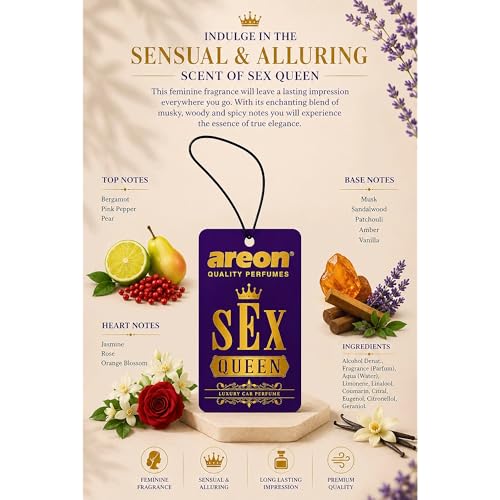 Image of AREON VIP Hanging Car Air Freshener Pack of 3 - Premium Car Perfume with Natural Fragrances, Stylish Hanging Cards Long Lasting Auto Air Freshener for Car, Home, Office & Vehicle Interior - SEX QUEEN
