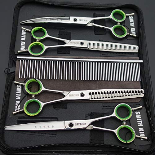 7,0 Zoll Professional Dog Grooming Scissors Set Gerade & Ausdünnen & Gebogen & Chunker & Kamm 5 Stück in 1 Set für Linkshänder & Rechtshänder Silberfarbe