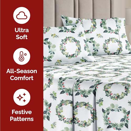 Twin XL Christmas Holiday Wreath Sheet Set - Holiday Xmas Pattern Bedding Set - Deep Pockets - Snug Fit - 3 Piece - Wrinkle Free - Comfy Festive Winter - Holiday Sheets for Women, Men, Kids & Teens