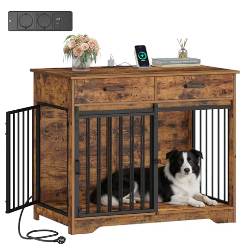 Hzuaneri Cage pour Chien Meuble avec Prise, Cage Chien d'intérieur avec Porte Style Grange & 2 Tiroirs, Table d'appoint pour Moyens/Grands Chiens, 97 x 56 x...