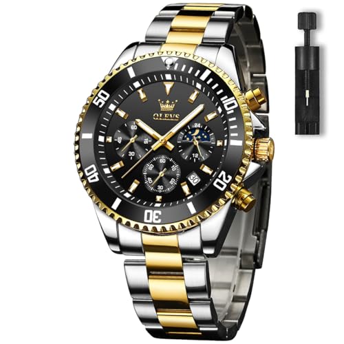 OLEVS Men's Watches with Date, Premium Gold and Silver Stainless Steel Analog Watches for Men, Classic Rotatable Bezel Men's Cuff Watches, Blue/Green/Black Dial