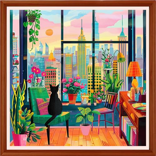 Image of Hopeart Stamped Cross Stitch Kits for Beginner Embroidery Kits for Beginners Adults DIY 11CT Cross Stitch Patterns Needlepoint Kits Crossstitching Kits-Cat Scenery on the windowsill 18x18 inchs