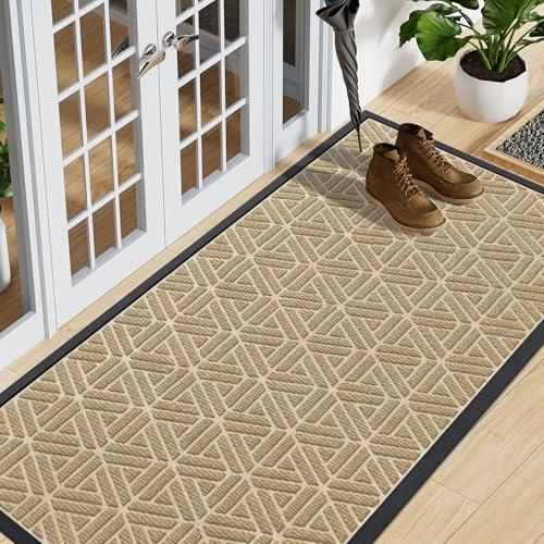 Smiry Front Door Mat Outside Entrance, Heavy Duty Natural Rubber Doormat, Trap Dirt and Moisture Easy Clean Low Profile Patio Porch Welcome Floor Mats for Entry, 59x23 Inch, Beige