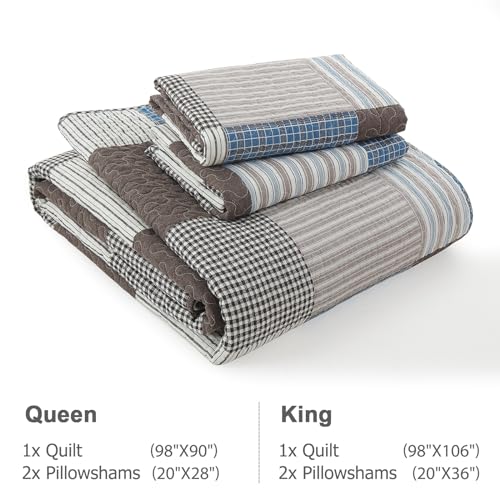 Image of Finlonte Quilt King Size - 100% Cotton Plaid King Size Comforter Set Farmhouse Modern Quilt Bedding Set, Reversible Lightweight Soft Bedspread, Blue Brown Quilted Coverlet All-Season, 3-Piece