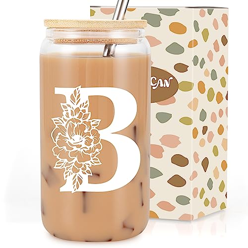 Image of Coolife Initial Glass Cup, Monogrammed Gifts for Women, 16 oz Tumbler w /Lid | Iced Coffee Smoothie Beer Tumbler w /Straw Lid - Personalized Christmas, Birthday Gifts for Woman Her Mom Friend