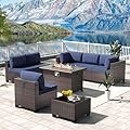 Kullavik 8 Pieces Outdoor Patio Furniture Set with 43" 55000BTU Gas Propane Fire Pit Table PE Wicker Rattan Sectional Sofa Patio Conversation Sets,Dark Blue
