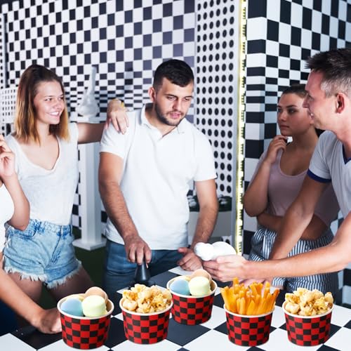Image of Zopeal 50 Count Red and Black Checkered Ice Cream Cups 9 oz Race Car