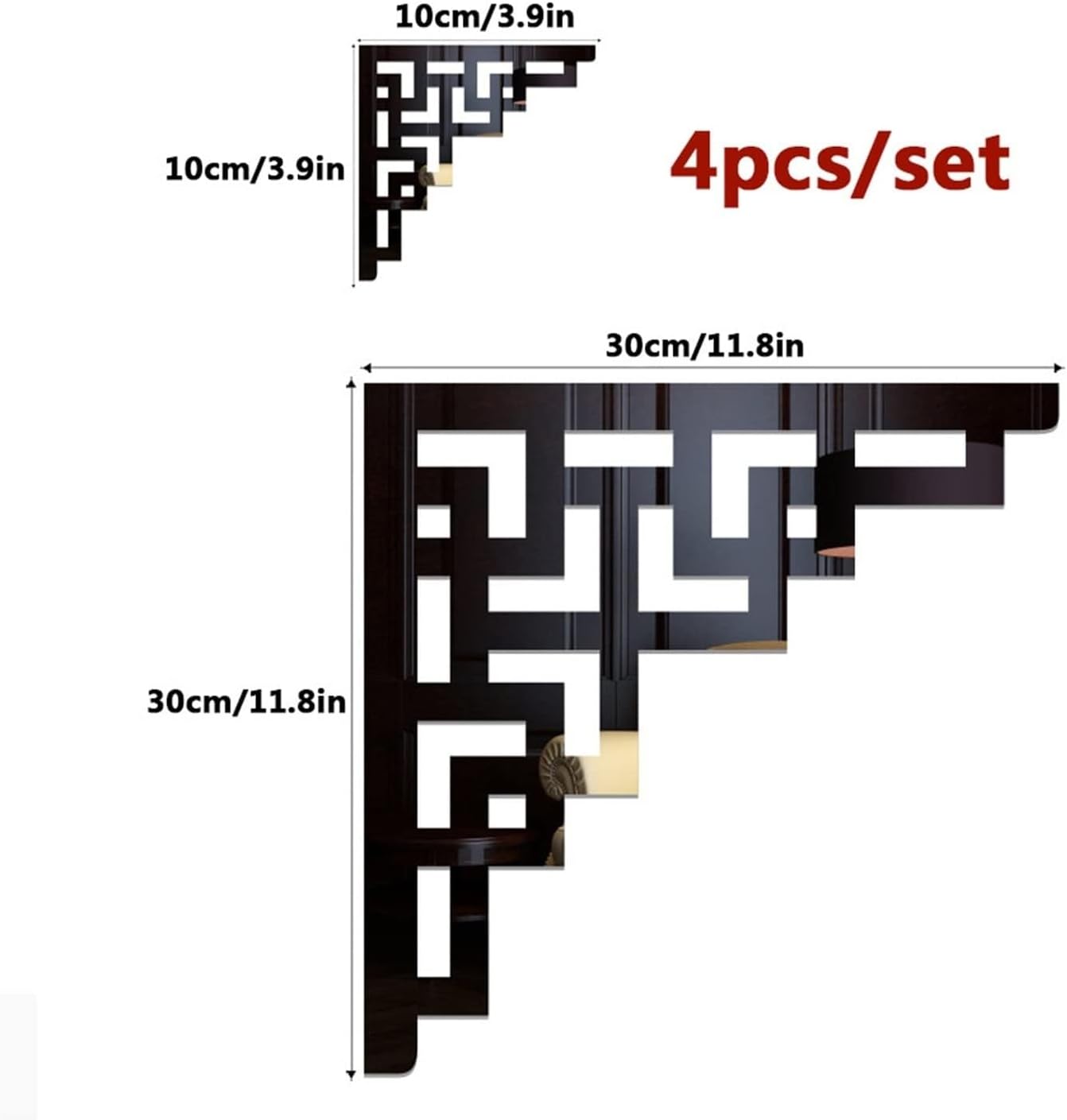 4pcs Elegant Corner Onlay Applique Frame Furniture Wall Mirror Window Stickers for Home Cabinet Door Decor Craft Mirror Wall Art Decal Corner Sticker(Black,11.8"x11.8")