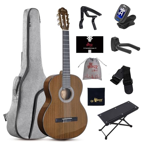 WINZZ 4/4 Classical Guitar, 39 Inch Full Size Nylon String Guitar for Beginner Adults, Full Classic Guitar Kit with Free Lessons, Gig Bag, Footstool, Capo, Tuner, Hanger and Strap (Glossy Tan)