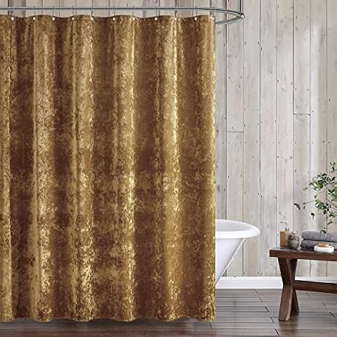 Fredsure Distressed Velvet Shower Curtain Set, 13 Pieces Caramel Gold Including1 Piece 72"x72" Shower Curtain and 12 Pieces Silver Hooks Cover