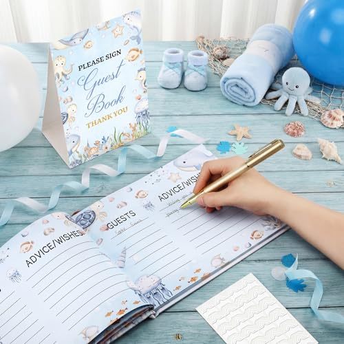 Image of Fuyoooo 27 Pcs Ocean Baby Shower Guest Book Set Baby Shower Sign in Guest Sea You Soon Under The Sea Book Place Table Cards with Gold Pen Adhesive Photo Corner for Birthday Party