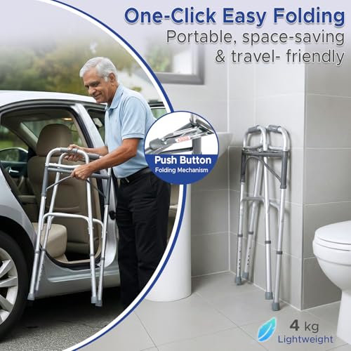 Image of Kosmocare Deluxe Folding Walker With Added Accessories - 3 inch Castors And Auto-Glide Brakes - Silver