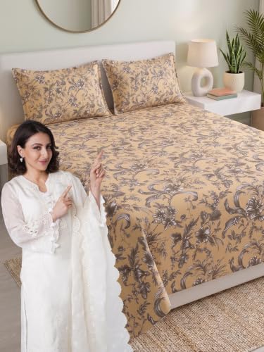 Image of Mafatlal 130 GSM Pearl Premium Double Bedsheet Set with 2 Pillow Covers | 90 x 100 Inch | Cozy Microfiber Weave | Shrink Resistant, Durable, Breathable, Modern Bedroom Essential | Beige Floral