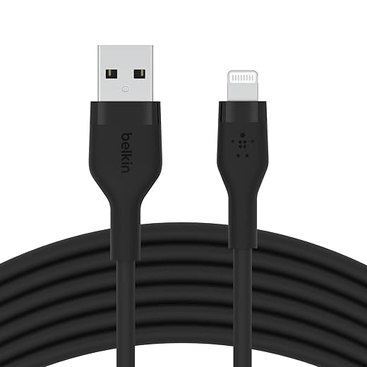 Belkin BoostCharge Flex Silicone USB Type A to Lightning Cable (3M/10FT), MFi Certified Charging Cable for iPhone 14/14 Plus, 13, 12, Pro, Max, Mini, SE, iPad and More – Black