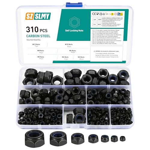 Sechskantmuttern Set, 310 Stk Selbstsichernde Muttern Sortiment Set, Sicherungsmuttern, Schraubenmuttern, Kohlenstoffstahl Sechskant Mutter, Gewindeeinsätze - M3 M4 M5 M6 M8 M10 M12