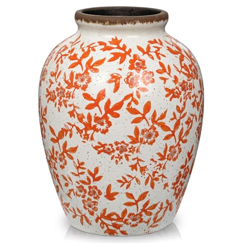 Nature Crafted 8.2 inch Vintage Ceramic Vase Rustic Farmhouse Floral Vase Ceramic Large Chinoiserie Vases for Spring Home Decor Living Room Bookshelf Office Desk Dining Table (Orange & Beige)
