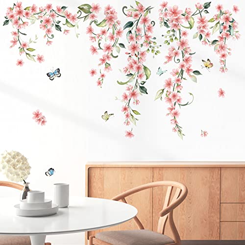 wondever Hanging Flower Vine Wall Stickers Pink Floral Peel and Stick Wall Art Decals for Living Room Bedroom TV Background - Image 3