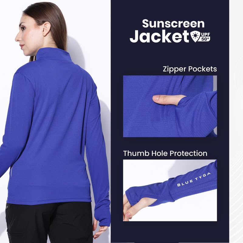 Image of BLUE TYGA SUNSCREEN JACKET Women's Travel Nylon Solid Plain Sports Summer Gym Workout Running Travel Trekking and Sunscreen Jacket for Women Nylon Winter Casual Wear