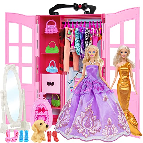 Doll Closet Wardrobe Set for 11.5 Inch Girl Doll 106 Pcs Clothes and Accessories Include Wardrobe, Suitcase, Mirror,Outfits, Dress, Shoes, Hangers, Handbags, Necklace, Crown and Dog (Pink)