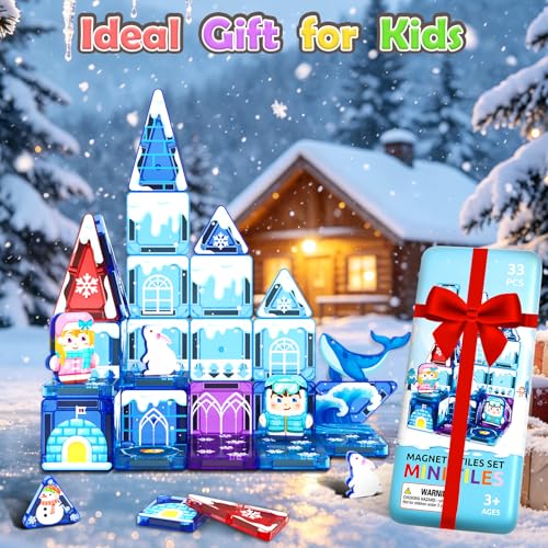 Image of 33PCS Mini Magnetic Tiles - Arctic Animals Theme Toddler Travel Essentials Set with Case, Magnetic Building Blocks Kids Games Montessori Preschool Sensory Toys for 3+ Year Old Boys Girls Gifts