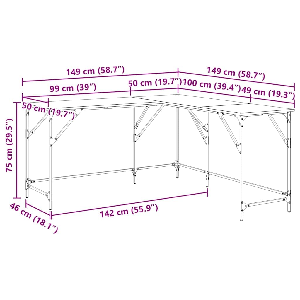 Schreibtisch Grau Sonoma 149x149x75 cm Holzwerkstoff L-Form mit Metallrahmen für Homeoffice Arbeitszimmer PC Laptop Ecke Stauraum Ablage ergonomisch zum Lernen und Zocken