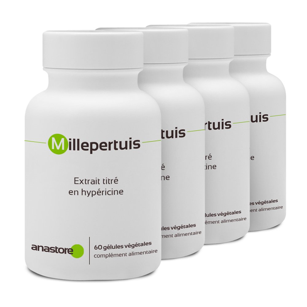 MILLEPERTUIS * PACK DE 4 * 240 gélules * Extrait Titré en Hypéricine *Cerveau, Digestion (troubles gastro-intestinaux), Équilibre émotionnel.