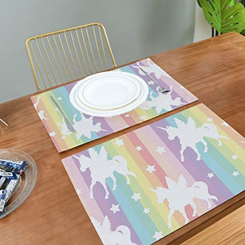 Unise Unicorns Silhouette On Rainbow Colorful Stripes Placemats Non-Slip Washable Heat Resistant Insulation Lunching Mat 12'' X 18'' Set Of 1 Plate Pads For Kitchen Dining Table Restaurant Bbq #TOP4