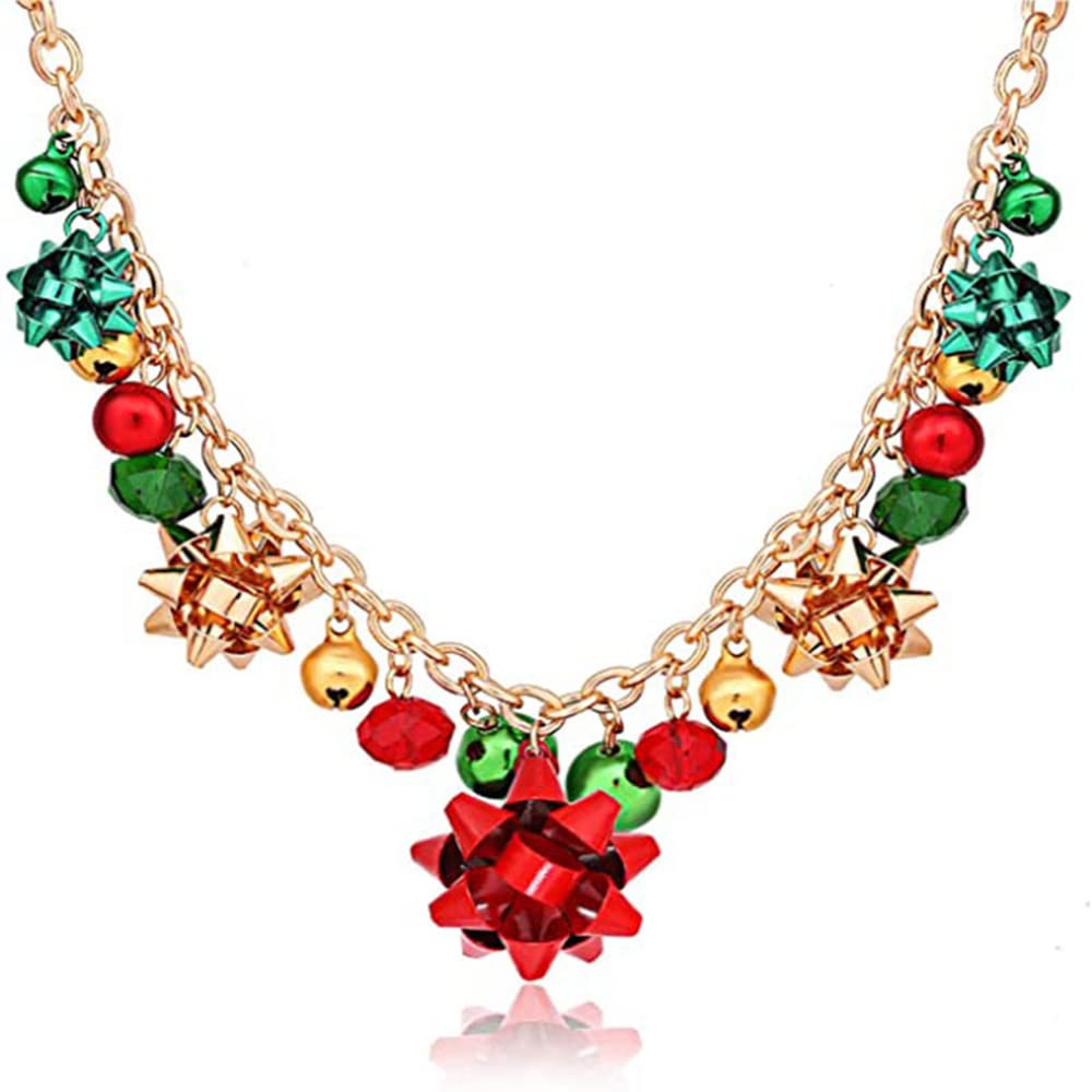 KokomaChristmas Necklaces Colorful Jingle Bells Bow Pendant Necklaces Beaded Collar Choker Necklace Chain Christmas Holiday Party Jewelry Gifts for Women Girls 14K Gold Plated, Alloy Steel, No Gemstone