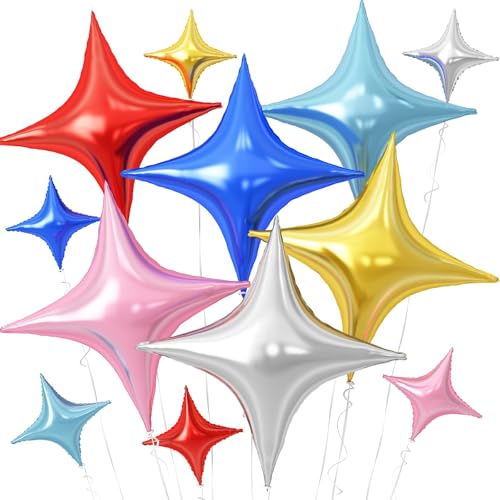 Image of Colorful Star Balloons,12Pcs Four Angle Star Foil Balloons | 26Inch and 10Inch Colorful Quadrangle Star Helium Balloon for Birthday Baby Shower Wedding Party Decorations