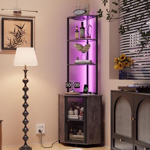 Image of VECELO 6 Tier Corner Shelf with LED Light and Charging Station, 63” Tall Standing Cabinet Organizer, Narrow Bookshelf with Storage Rack for Living Room, Bedroom, Kitchen, Balcony, Small Space