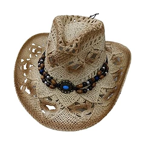 LOPILY Adult Casual Outdoors Summer Cowboy Straw Cap Light Sunshade Jazz Beach Hat Cap Travel Hats for Men & Women Anti UV Comfortable Shopping Holidays Decorative Breathable (Beige,One Size) Cover