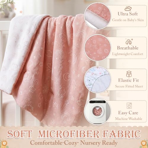 Image of Hahafelt 4 Pieces Crib Bedding Set for Girls and Boys, Soft Baby Bedding Set Including Crib Skirt, Comforter, Sheet and Diaper Stacker for Nursery(Animal World)