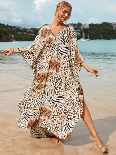 Women's Plus Size Animal Print V-Neck Batwing Kaftan Beach Dress Bathing Suit Cover-Up Loungewear3