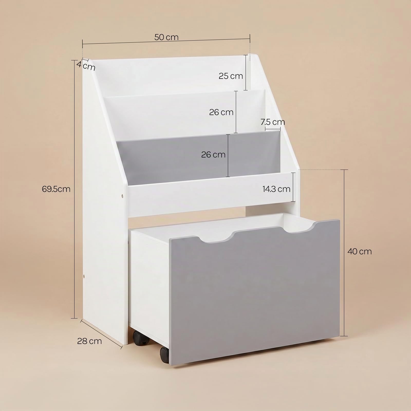 WOLTU Étagère à Livres pour Enfants Bibliothèque en MDF Boîte de Rangement avec 3 Compartiments et 4 roulettes intérieurs, Gris et Blanc