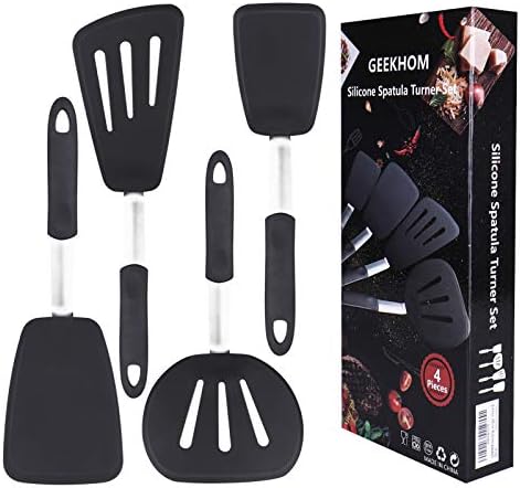 Silicone Spatulas for Nonstick Cookware, GEEKHOM 600F Heat Resistant Extra Large and Wide Flexible Spatulas Rubber Turners, Kitchen Cooking Utensils Set for Pancake, Eggs, Fish, Omelet(4 Pack, Black)