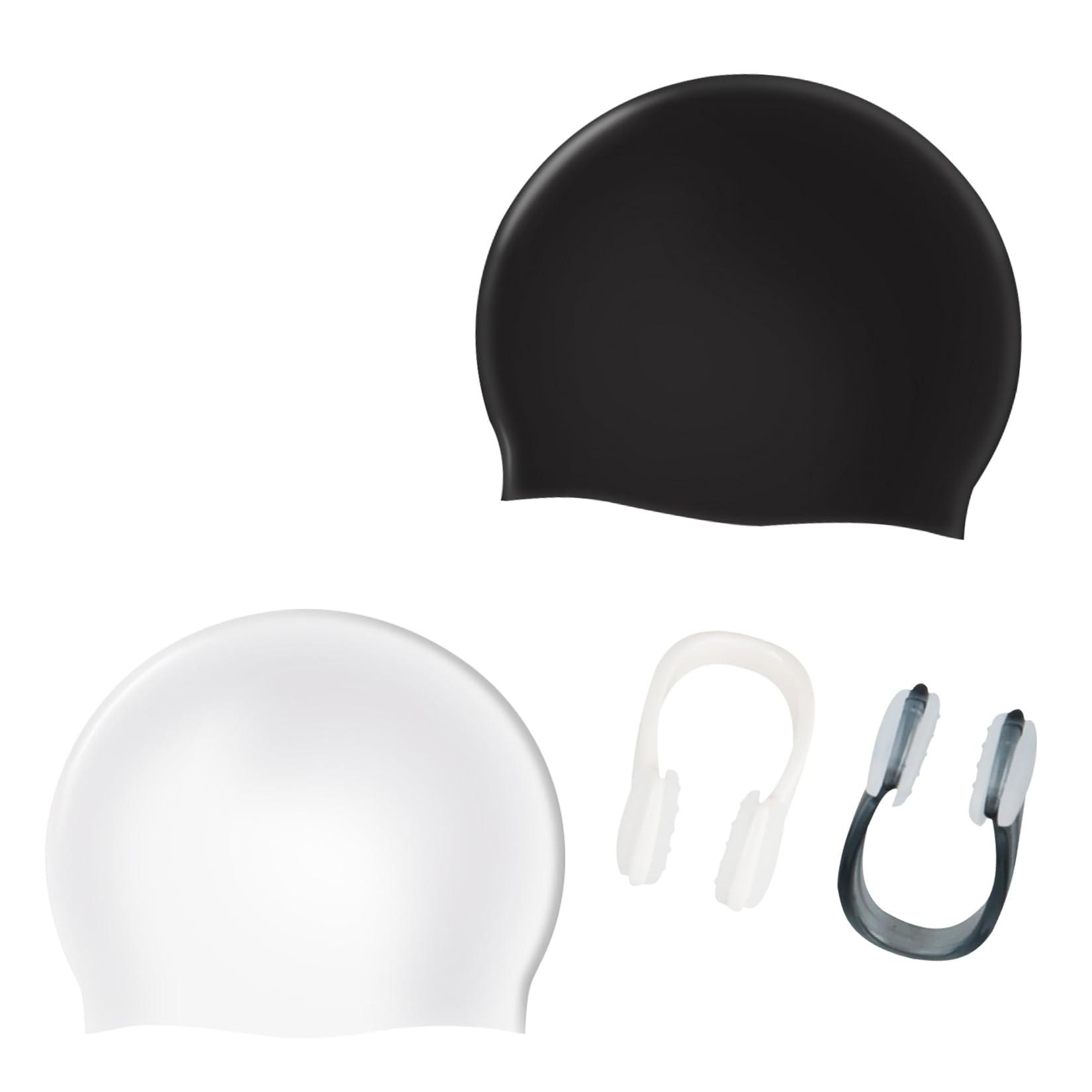 2 Pcs Swim Caps + 2 Nose Clips Set - Waterproof Swimming Hats for Women/Men, Adults/Kids Adjustable Swim Caps with Long Hair Protection (White & Black)