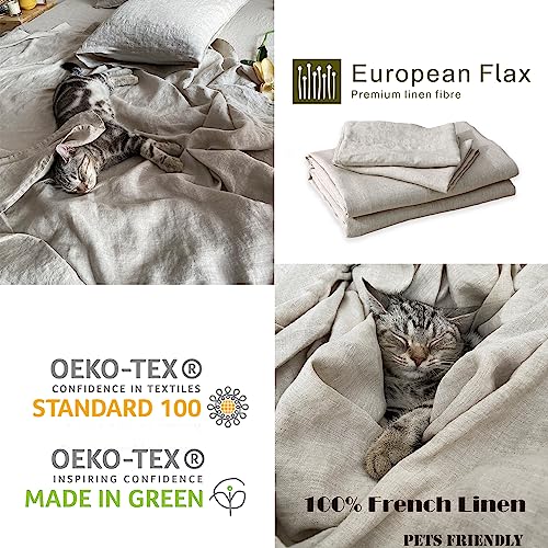 S Victory Symbol 100% French Linen Bed Sheets Queen Size Stone Washed Flax 4Pcs Sheets Set(1 Flat Sheet+1 Fitted Sheet+2 Pillow Cases Breathable And Durable (Queen,Natural Linen) #TOP3
