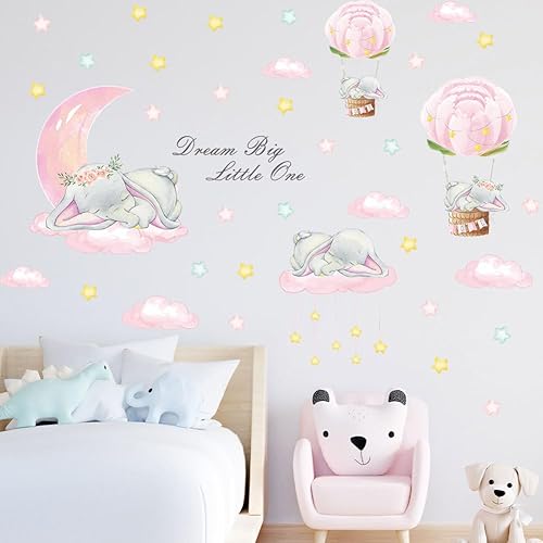 Miniatura 3 de Calcomanías de pared de elefante de bebé de ensueño, decoración de pared para dormitorio de niños y niñas