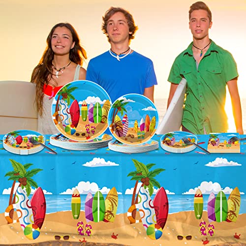Image of 100 Pcs Summer Beach Surfing Party Paper Plates Napkins Supplies for Pool Surfs up Surfboard Theme Birthday Party Decorations Luau Bbq Picnic favors Disposable Dinnerware Plate Serves 25