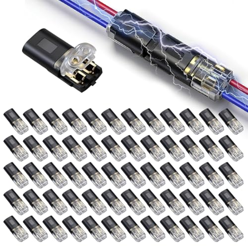 Double Wire Plug in Connector with Locking Buckle, 2 Pin Quick Connect Wire Connectors, Tool-Free Push in Electrical Connectors for Emergency Repairs, Automotive, Home Wiring DIY (60Pcs)
