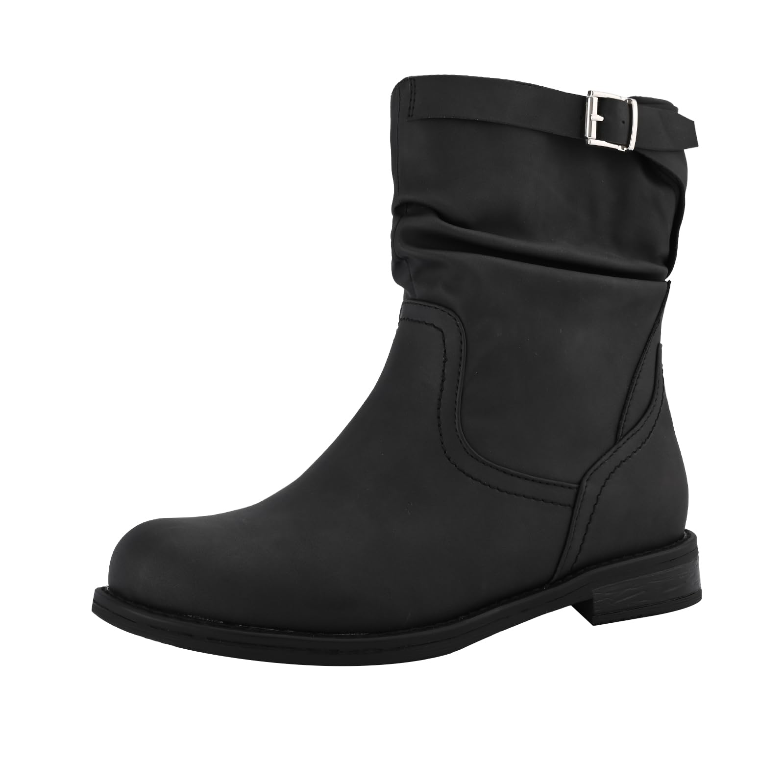ShoeN Tale Womens Mid Calf Boots Slouchy Round Toe Flat Low Heel Riding Boots With Side Zipper