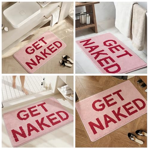 YUESIKJ GET Naked Tapis de bain coloré antidérapant 40 x 60 cm lavable Tapis de bain "GET Naked" amusant pour douche, WC, absorbant (rose) – vue 7