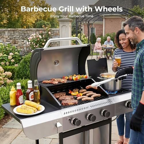 Image of COWSAR 3-Burner Propane Grill with Side Burner 34,000 BTU BBQ Grill
