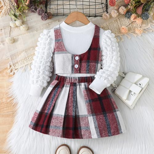 Image of Toddler Girls Christmas Outfits Girls Puff Sleeve Knit Ribbed Tops Button Down Vest Plaid Skirt Set Winter Clothes