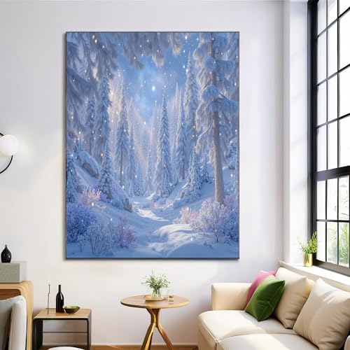Toile murale forêt d'hiver bleue et blanche GDJSMIN 70x100 cm