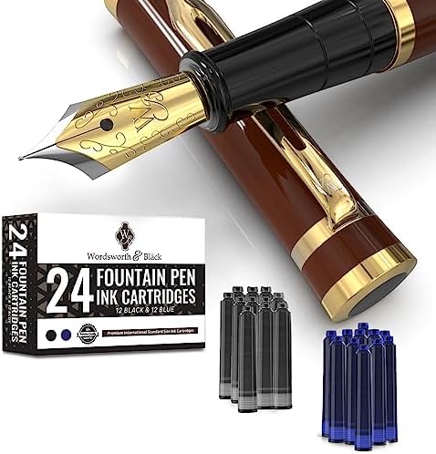 Wordsworth & Black Fountain Pen Set, Medium Nib, Includes 24 Ink Cartridges and Ink Refill Converter, Gift Case, Journaling, Calligraphy, Smooth Writing Pens [Brown Gold], Perfect for Men and Women