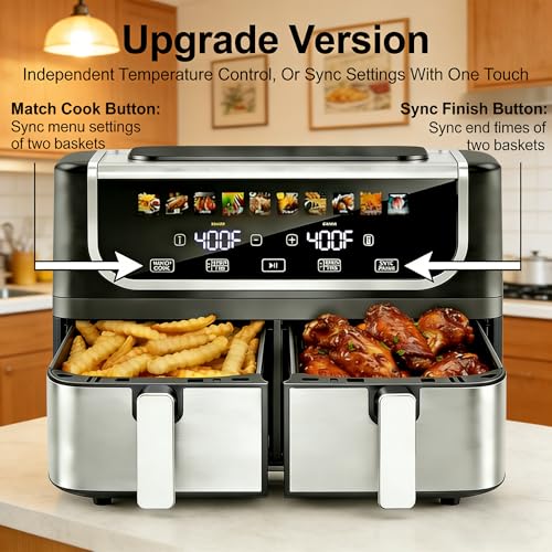 Image of HealSmart 9.5Qt Dual Basket Air Fryer, 10-in-1 Smart Air Fryer with 1700W, Independent Temperature Control, Sync Cook & Shake Reminder, Nonstick Air Fryer Oven for Family Meals, Black